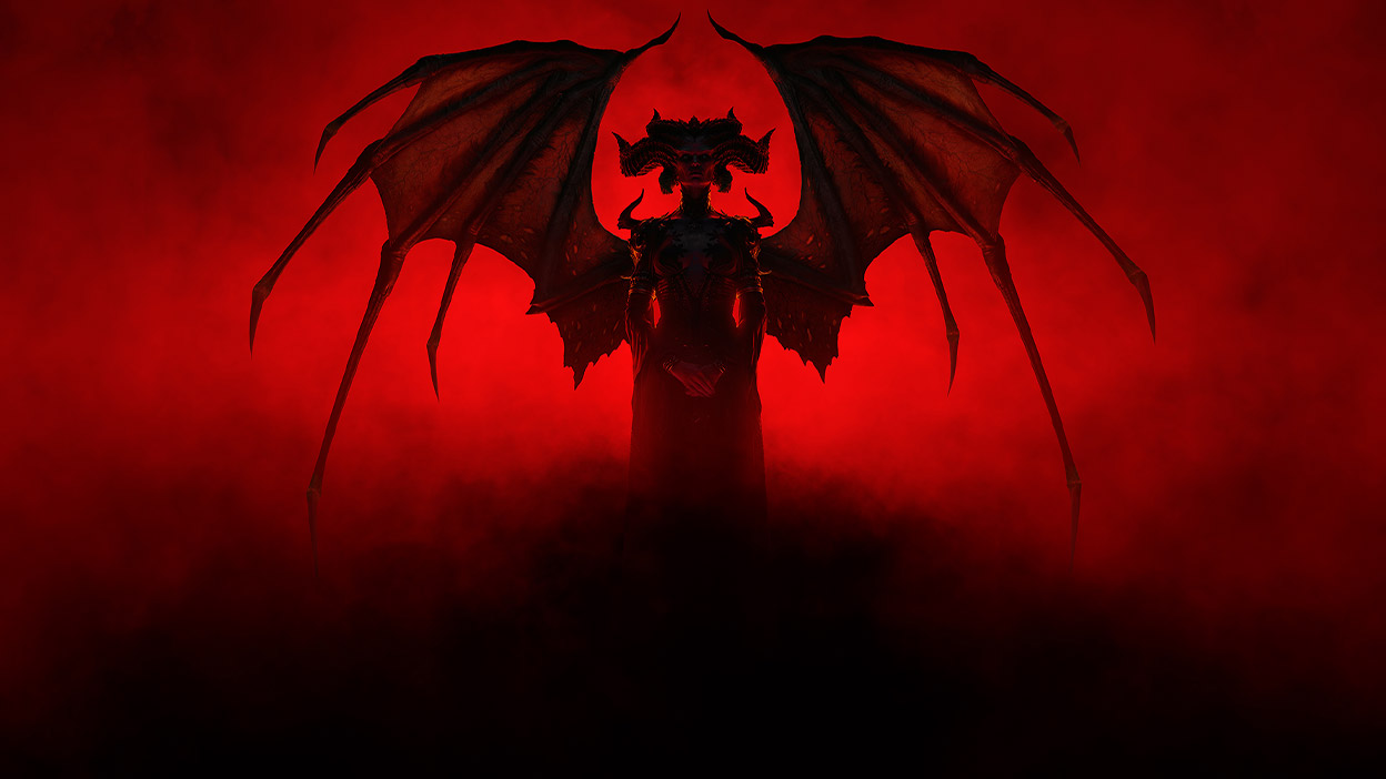 Het torenhoge silhouet van de demon Lilith met grote benige vleugels omringd door rode en zwarte rook.