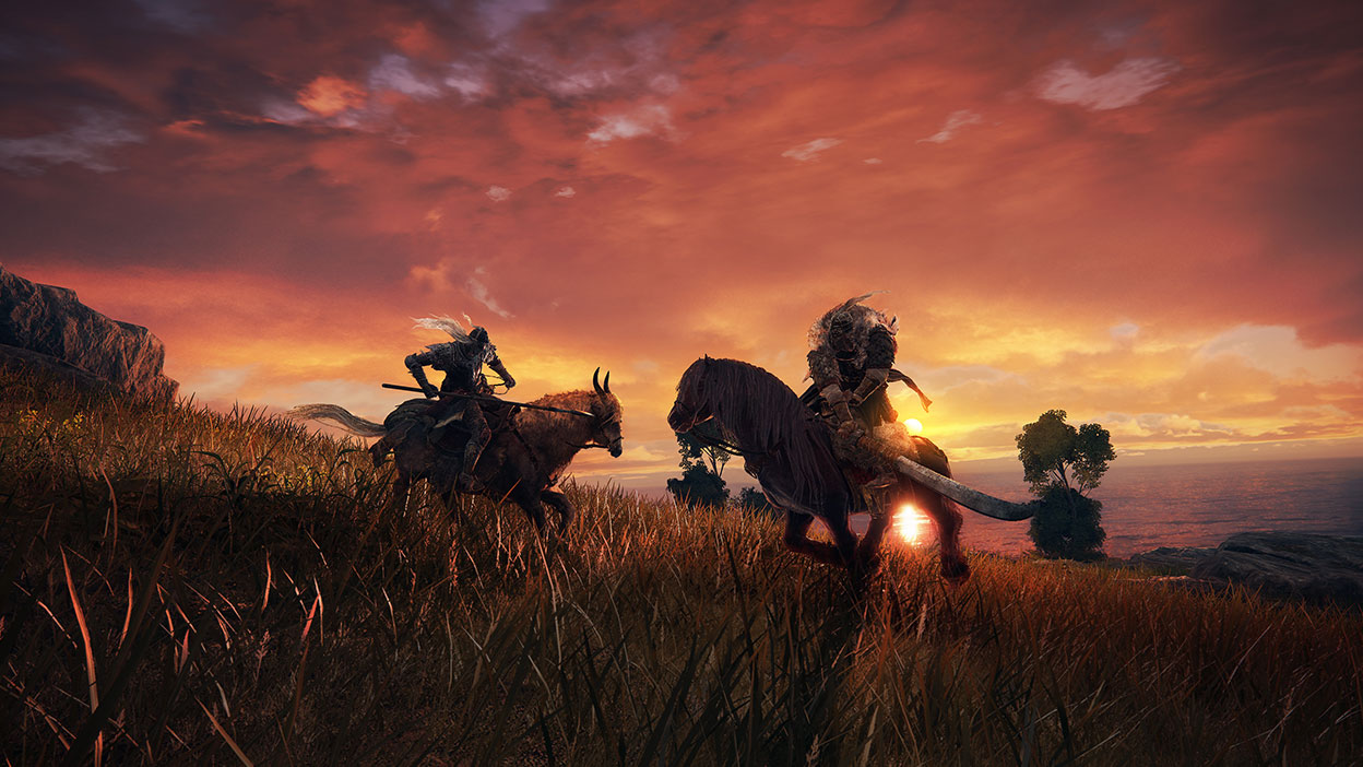 Dwie postacie na koniach walczące na polu o zachodzie słońca