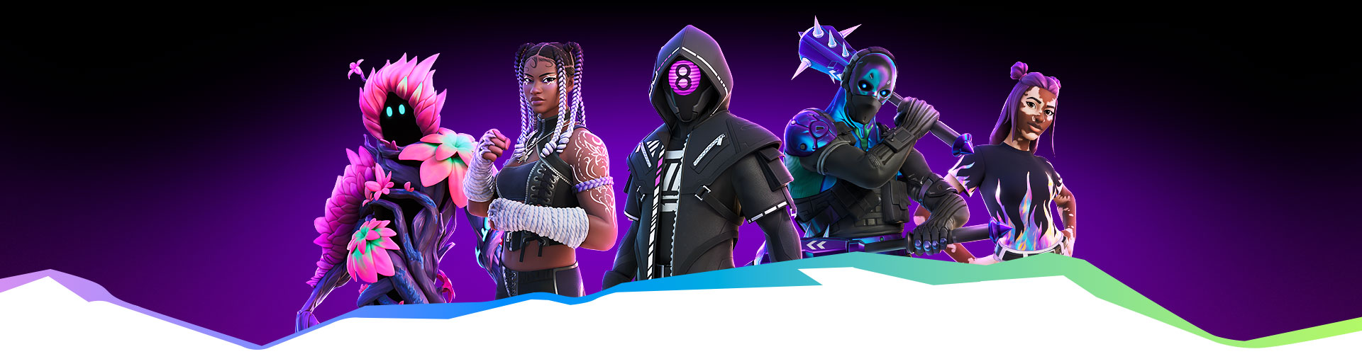 Cinq personnages de Fortnite posent ensemble portant des apparences sur le thème du violet. 