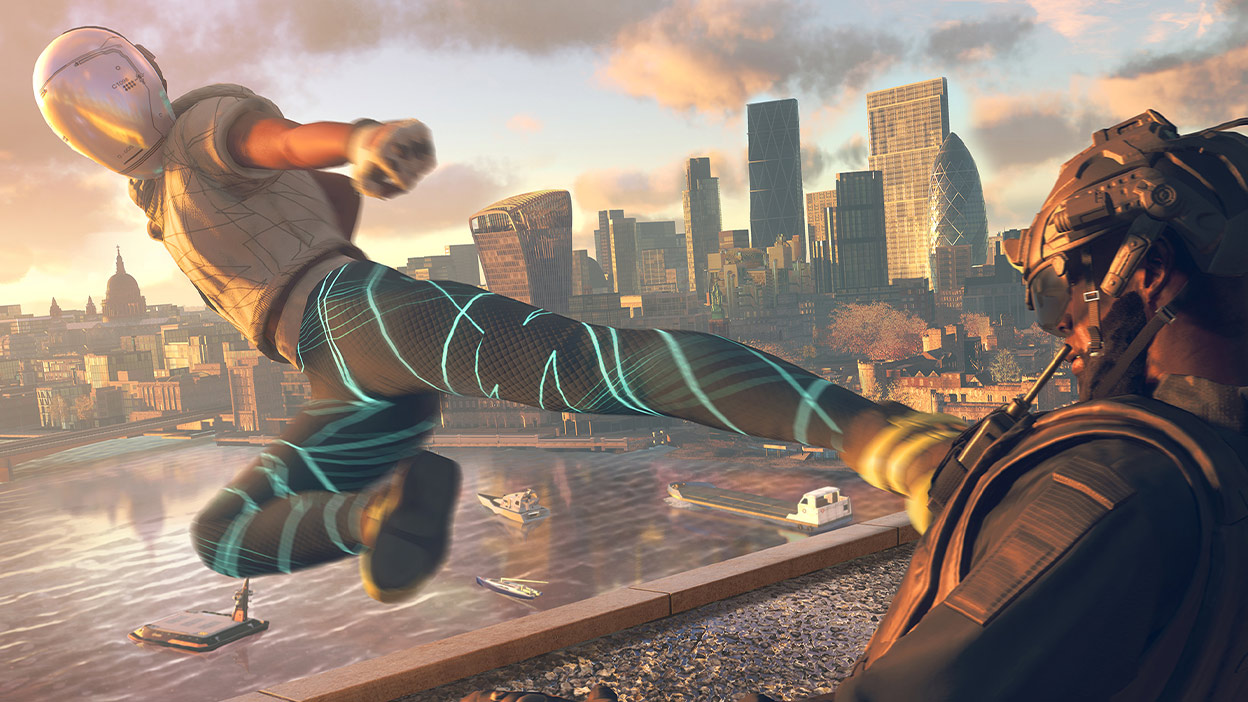 在《看门狗：军团》中的城市背景下，一名角色正在飞踢