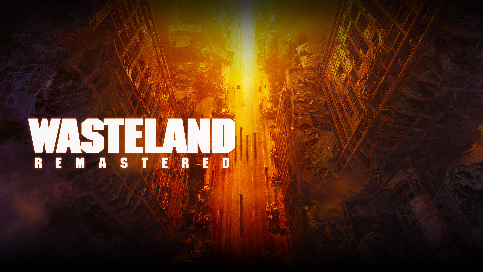 Wasteland Remastered, κατακόρυφη όψη ερειπωμένων κτιρίων και ανθρώπων στον δρόμο σε κίτρινες πορτοκαλί και κόκκινες αποχρώσεις