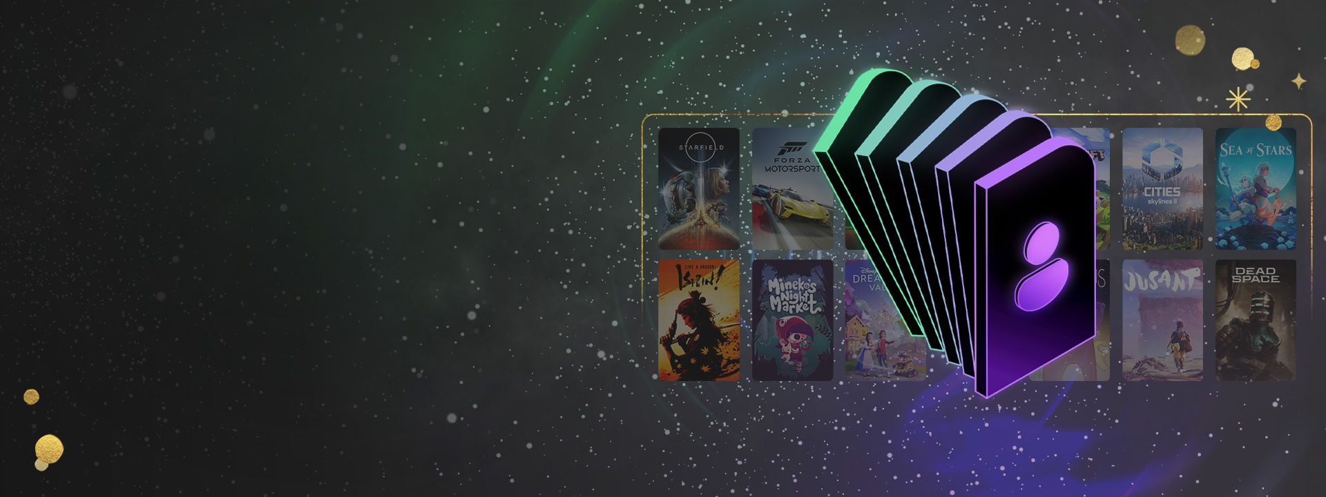 Games included with PC game pass behind a stack of five passes with an icon of a person on them.