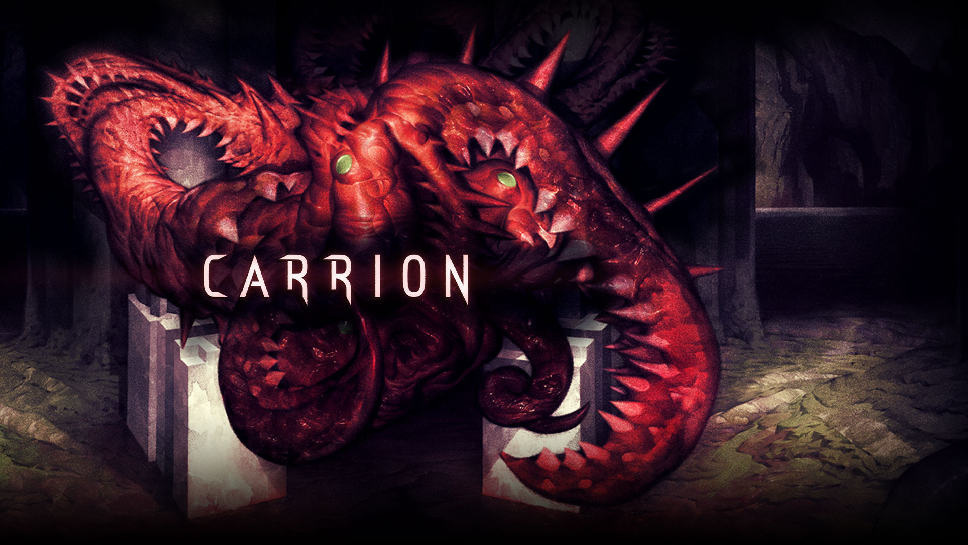 Carrion, 촉수가 있는 붉은색 무정형 괴물이 어두운 동굴에 앉아 있습니다.