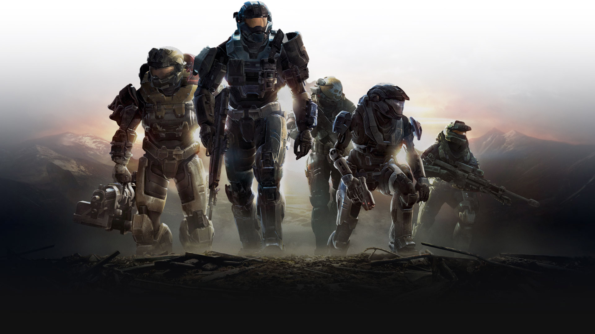 Spartans from Halo Reach walk up a hill with weapons ready