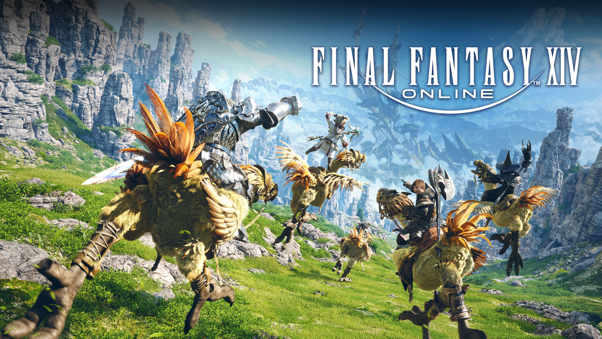 Logotipo do Final Fantasy XIV Online, cinco personagens cavalgam em Chocobos por um vale com gramado. 