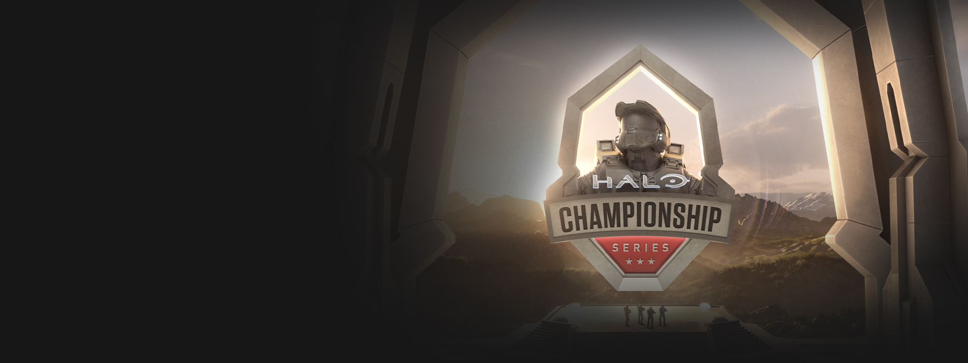 Halo Championship Series. A group of Spartans look out over a mountain vista, framing the Halo Championship Series logo.