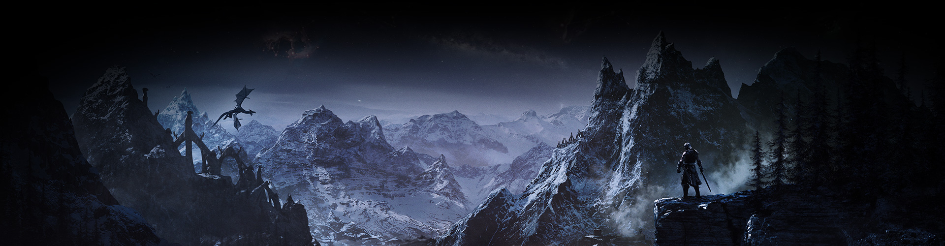 Een personage kijkt naar een vallei met besneeuwde bergen terwijl er een draak overheen zweeft