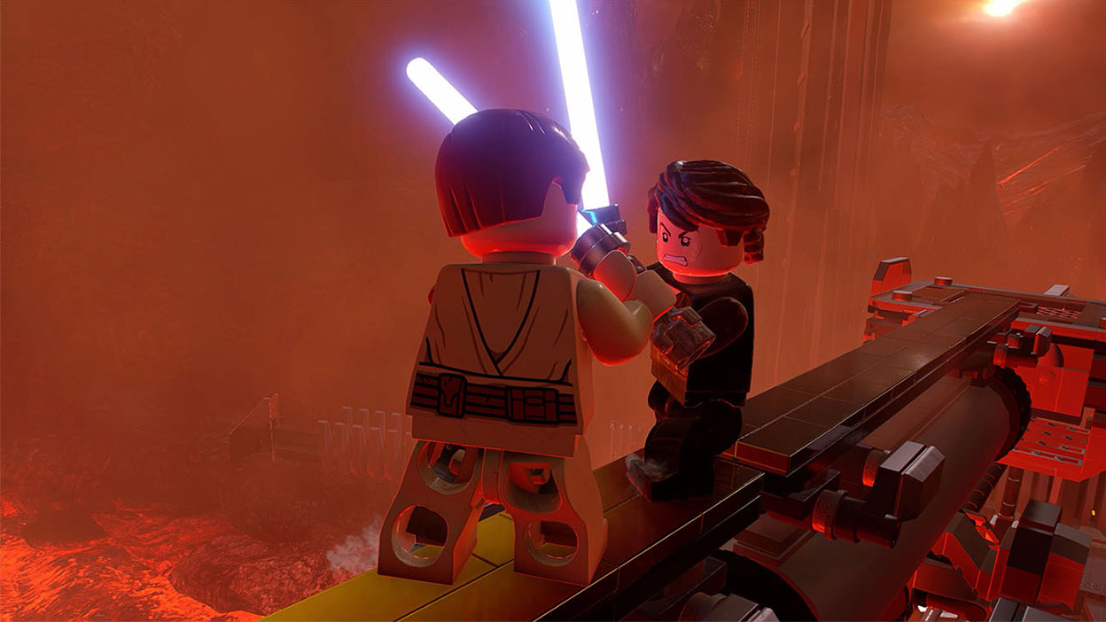 Anakin Skywalker and Obi Wan Kenobi duel over the volcanic wastes of Mustafar.
