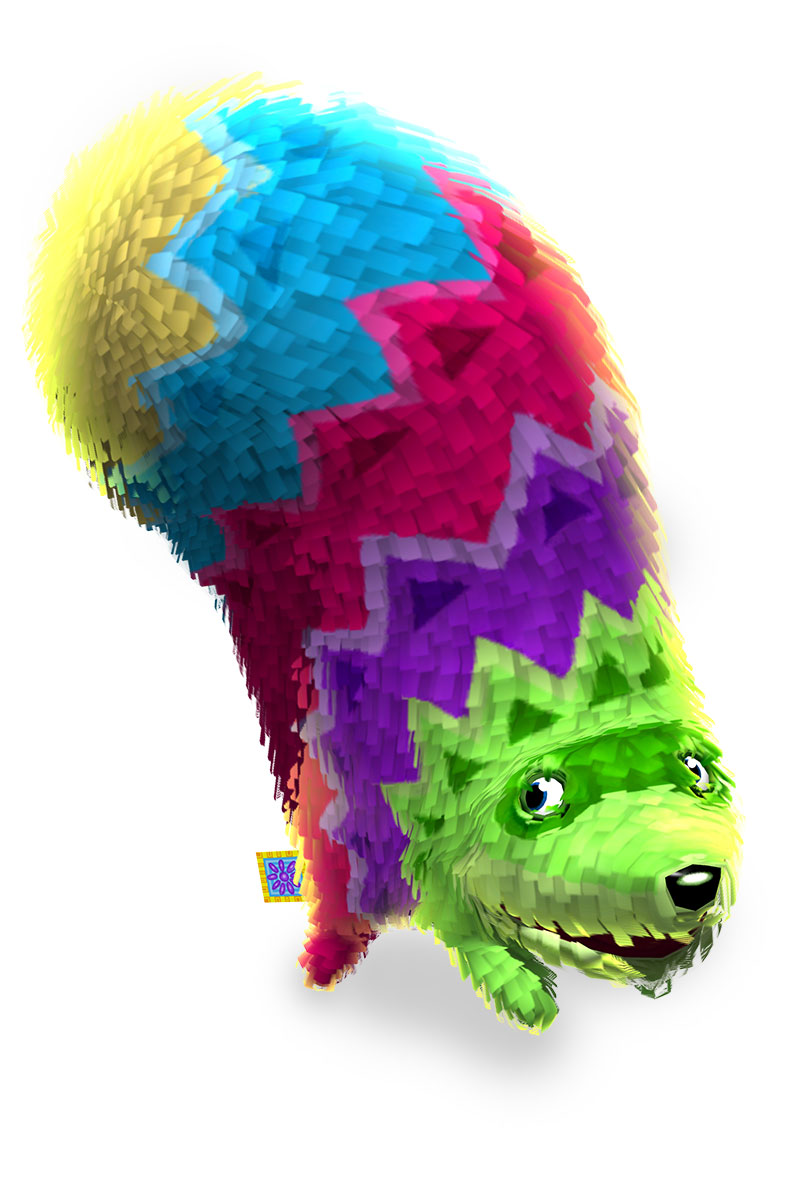 A colorful pinata from Viva Pinata looks up expectedly.