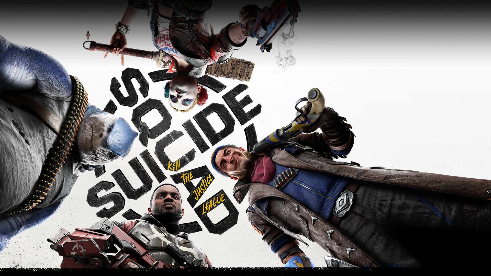 Suicide Squad, Kill the Justice League, Towering over the viewer, Harley Quinn, Captain Boomerang, Deadshot and King Shark stand tall.