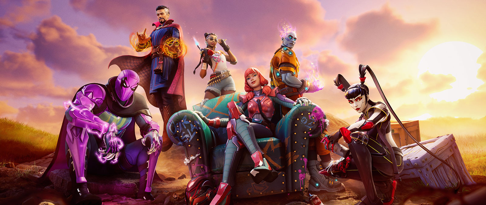 A group of characters, including Doctor Strange, gathers around broken furniture in a field. 
