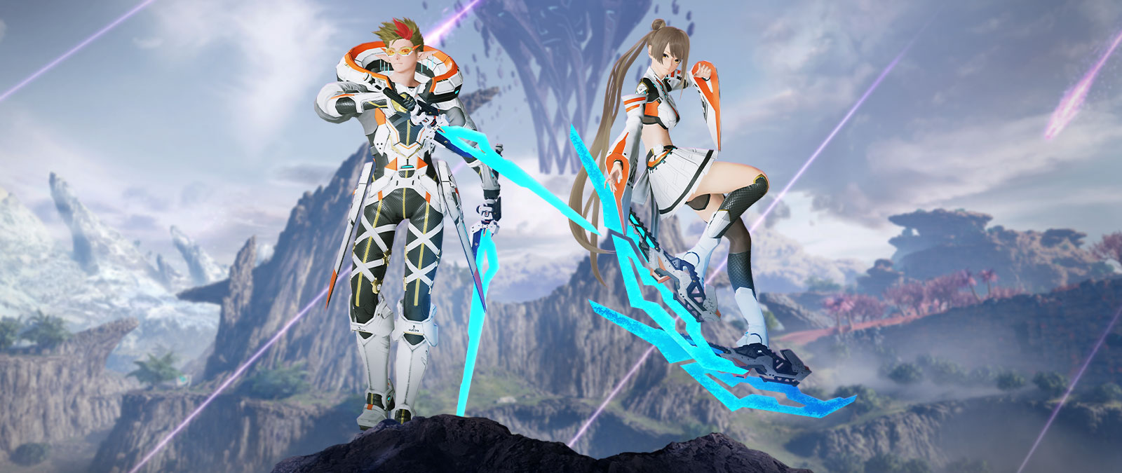 Dos personajes vestidos de blanco, naranja, amarillo y negro con armas de color azul claro delante de un paisaje rocoso