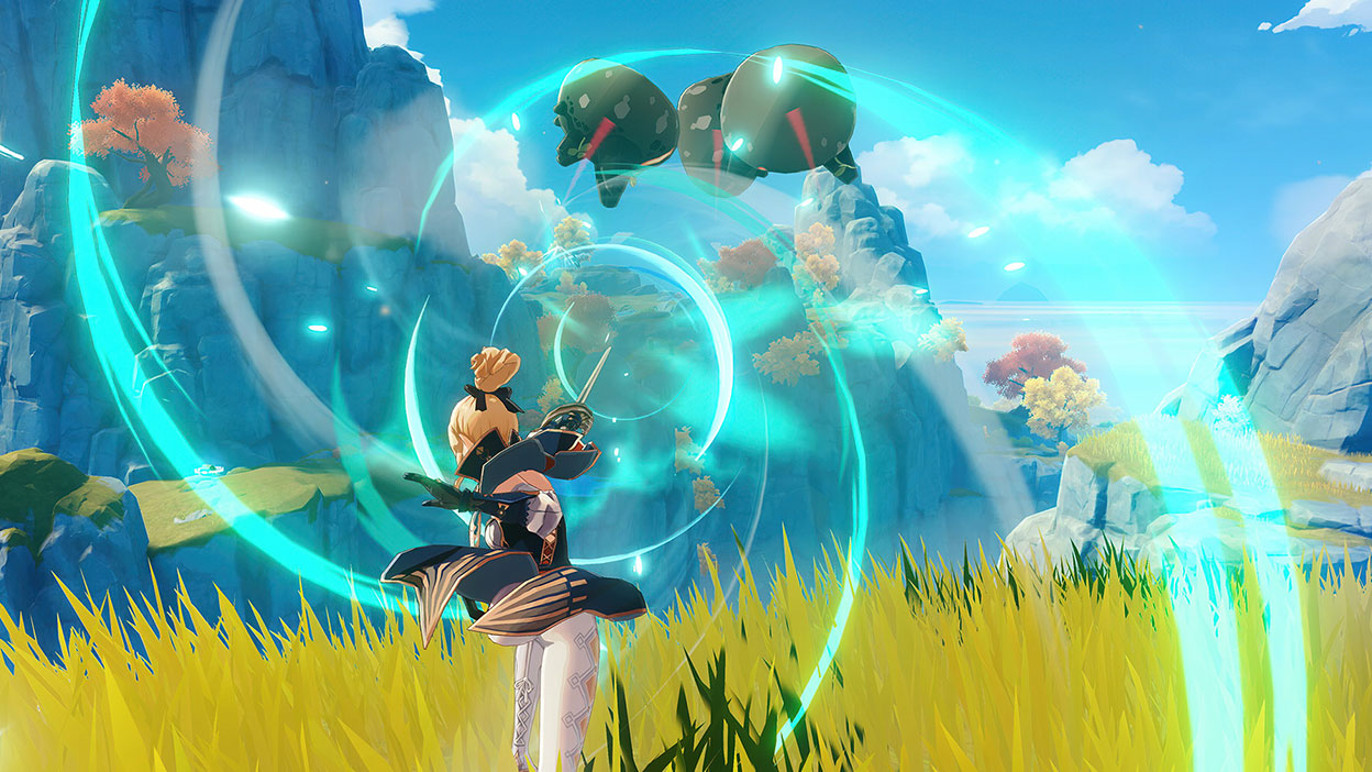 A character thrusts her sword forward, creating a burst of wind.