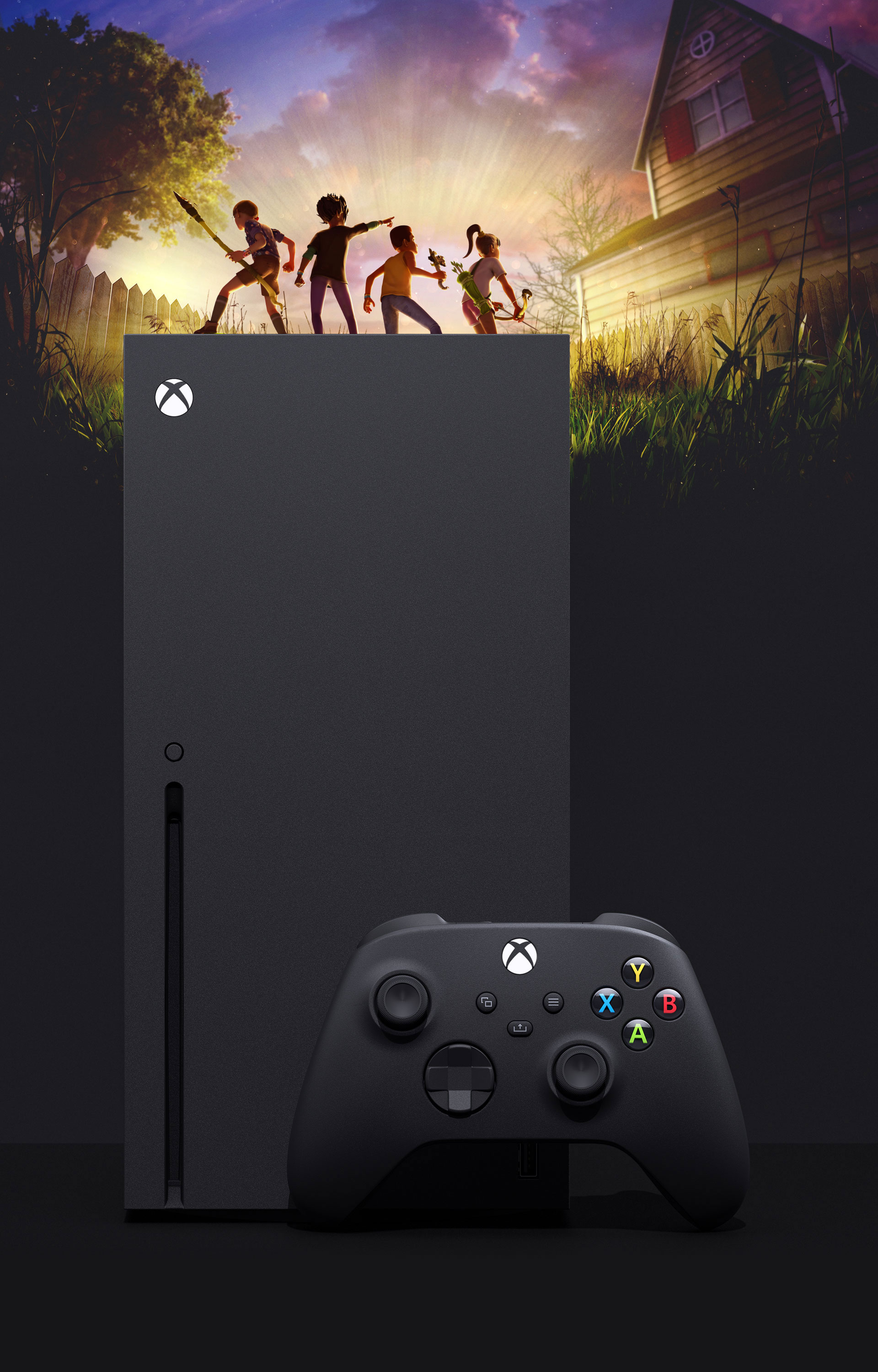 Xbox -Serie X mit geerdeten Zeichen im Hintergrund