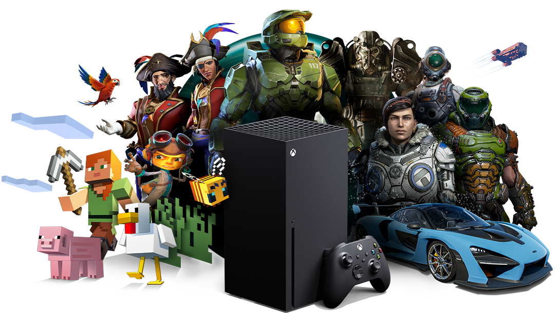 Una consola Xbox Series X y un Mando inalámbrico Xbox frente a una colección de personajes de juegos para Xbox.