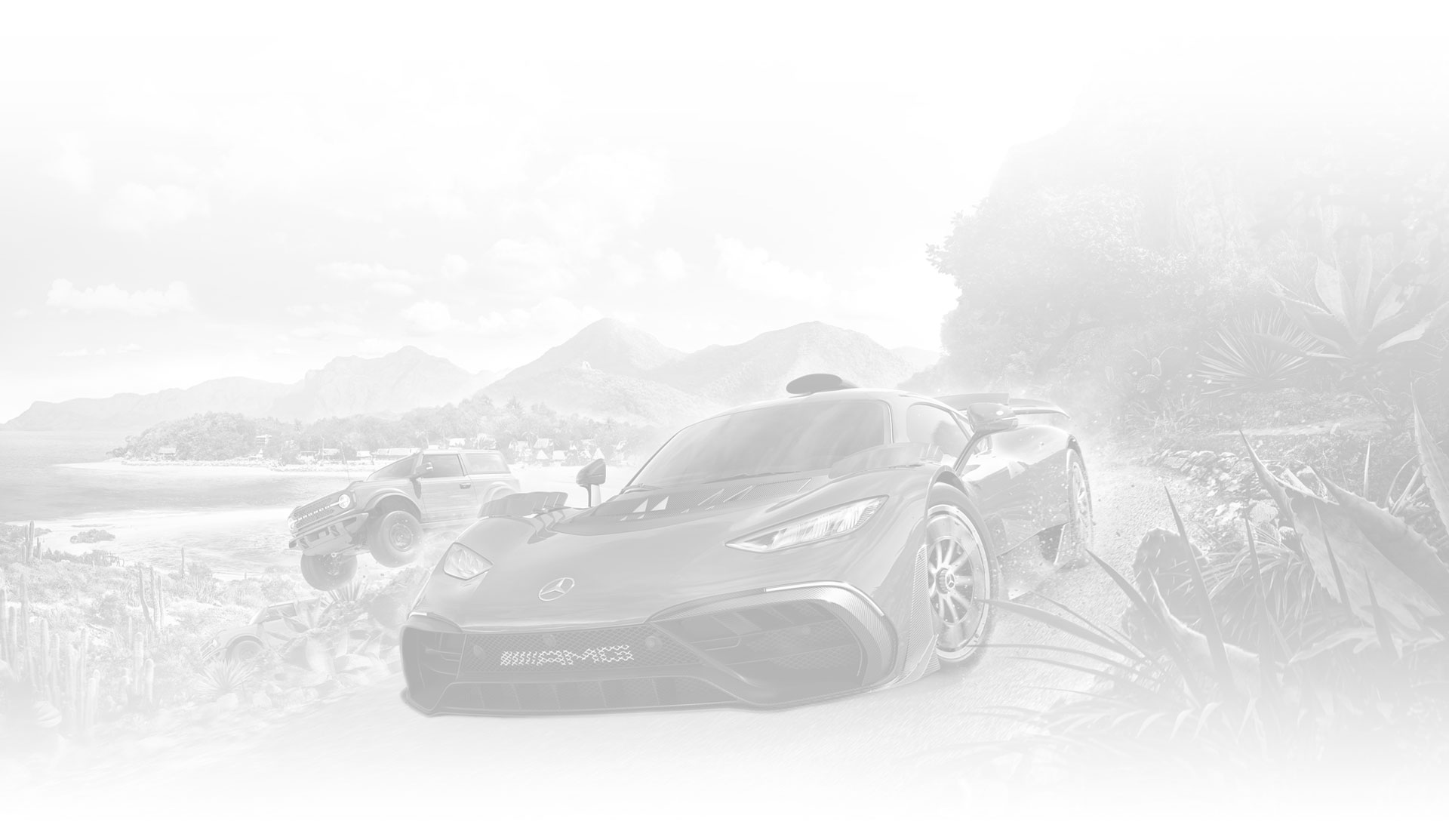 Forza Horizon 5 메르세데스-AMG 원과 포드 브롱코 배드랜즈가 멕시코의 비포장 도로를 질주합니다.