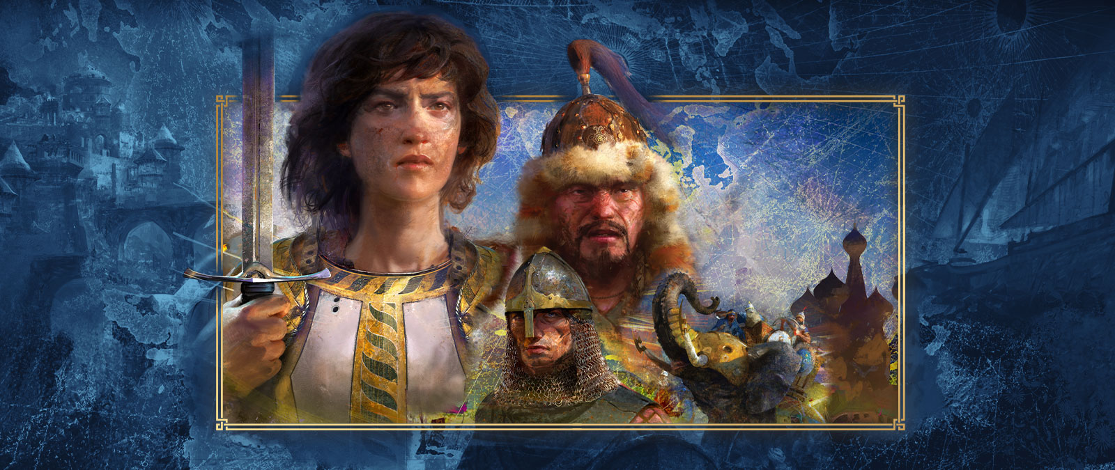 Vários personagens de diferentes civilizações posam juntos na frente de representações de batalha.