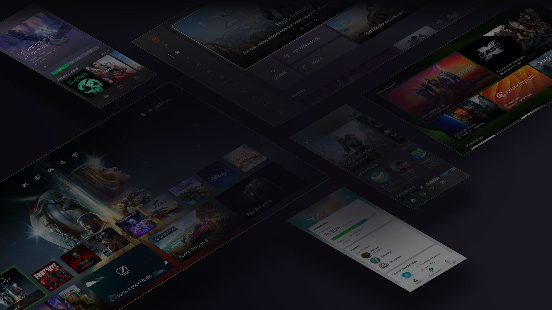 Série de captures d’écran présentant l’expérience Xbox sur tous les appareils.