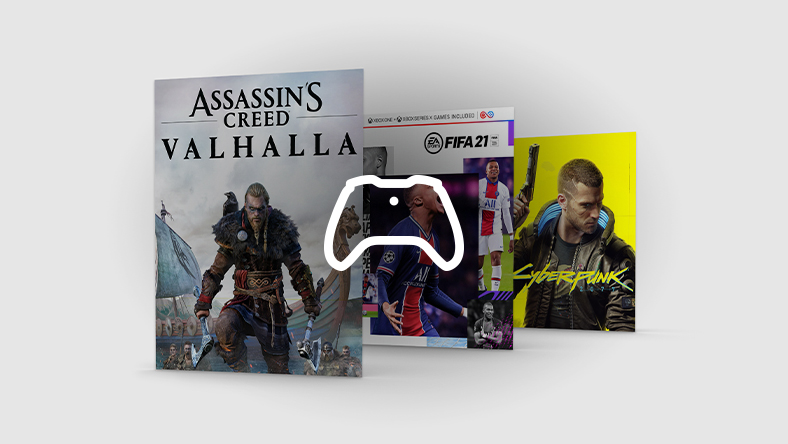 Assassin's Creed Valhalla, FIFA 21, and Cyberpunk 2077 box art staggered in a row with a white controller icon