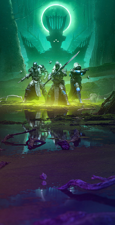 Destiny 2. Three armoured characters with weapons walking through a swamp reflected with many colours while the Witch Queen looms over them in the background.