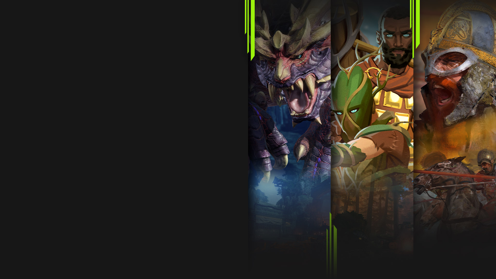 Game art from multiple games available now with Xbox Game Pass, including Monster Hunter Rise, Valheim, Age of Empires II: Definitive Edition, and Persona 4 Golden.