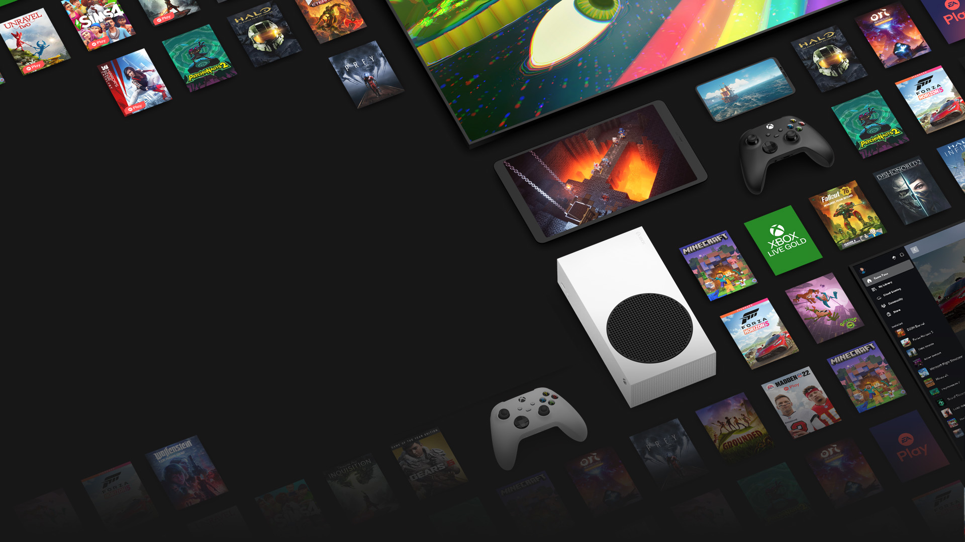 Des illustrations de plusieurs jeux disponibles dès maintenant avec le Xbox Game Pass Ultimate entourent plusieurs appareils, y compris une console, un PC, une tablette et une TV connectée.
