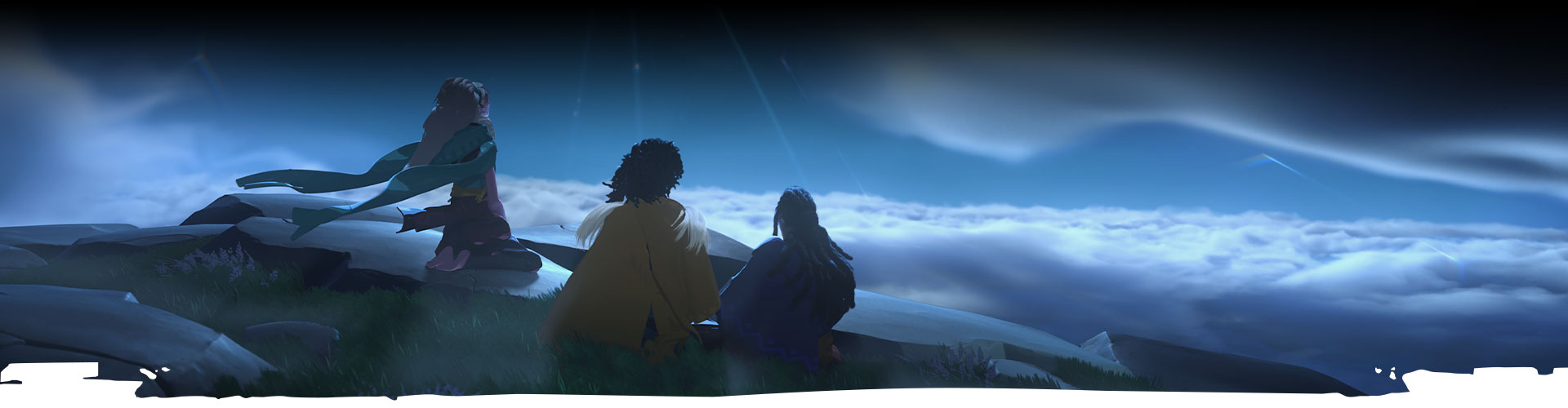 Três personagens olham para o céu noturno. 