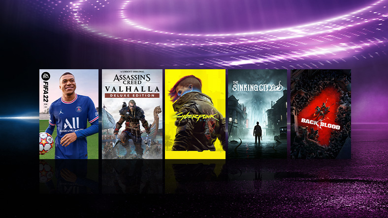 Box art from games that are part of the Optimized for Next Gen Sale, including FIFA 22, Assassin’s Creed Valhalla Deluxe Edition, and Cyberpunk 2077.