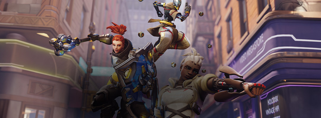 Deux personnages d’Overwatch 2 sautant en l’air