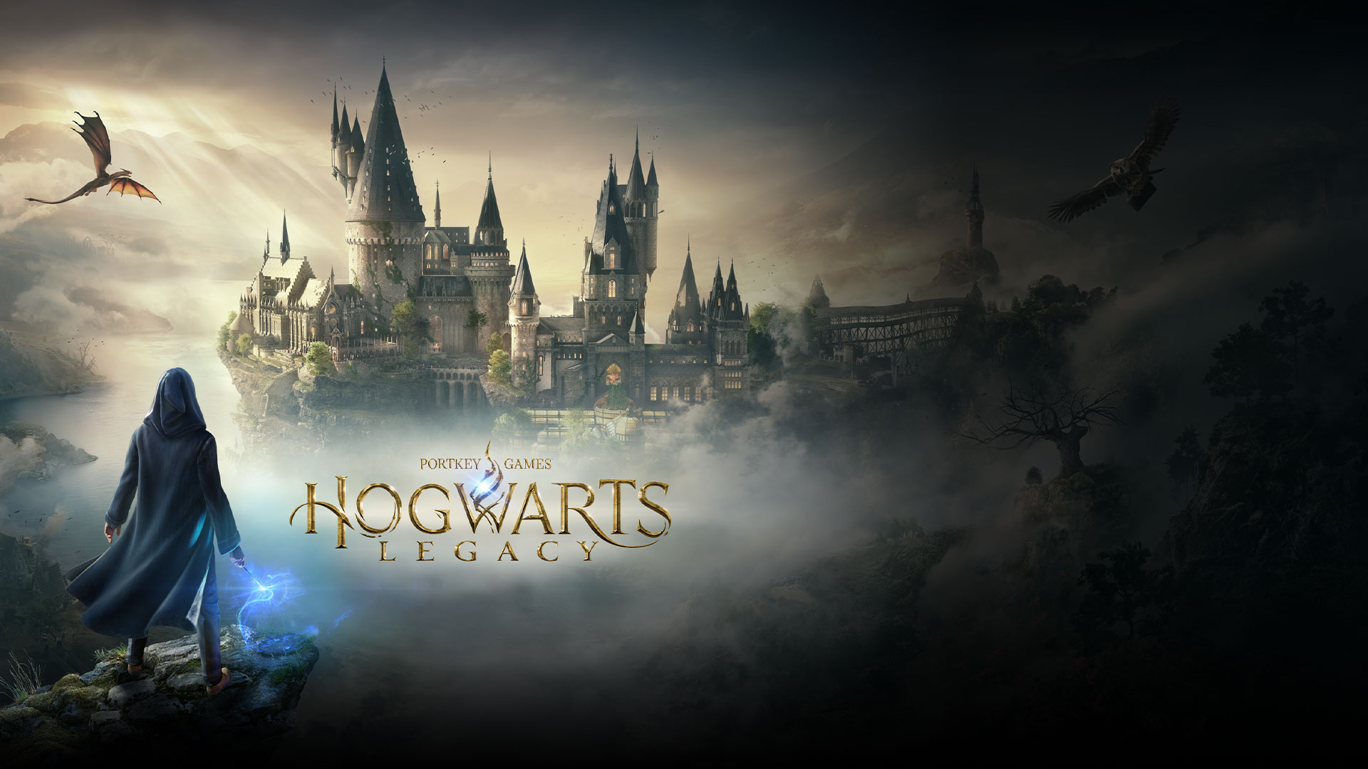 Portkey -spill, Hogwarts Legacy, en magisk karakter som ser på Hogwarts med en ugle og en drage som flyr