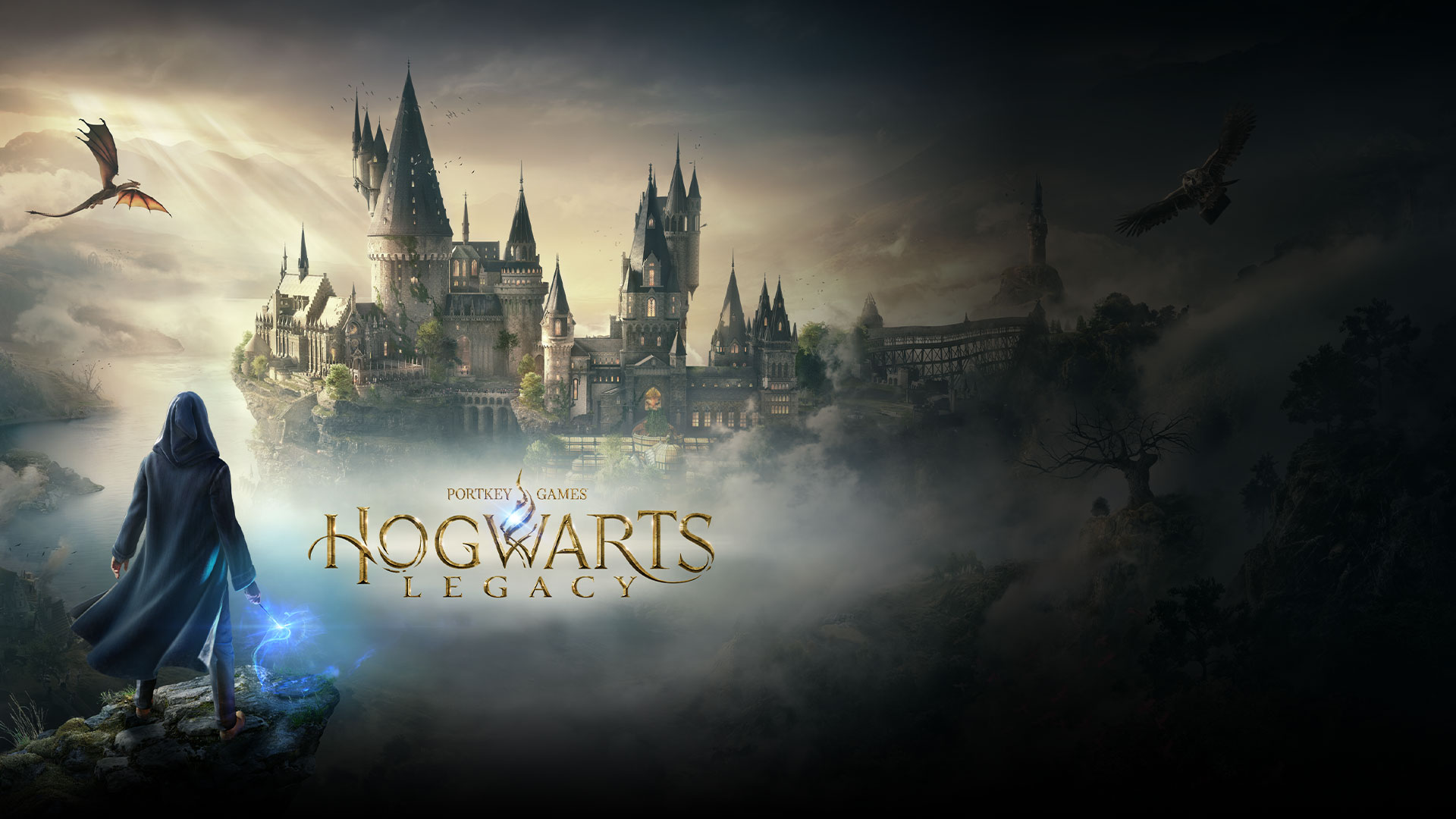 Portkey Games, Hogwarts Legacy, en magisk karakter ser på Hogwarts med en flyvende ugle og drage