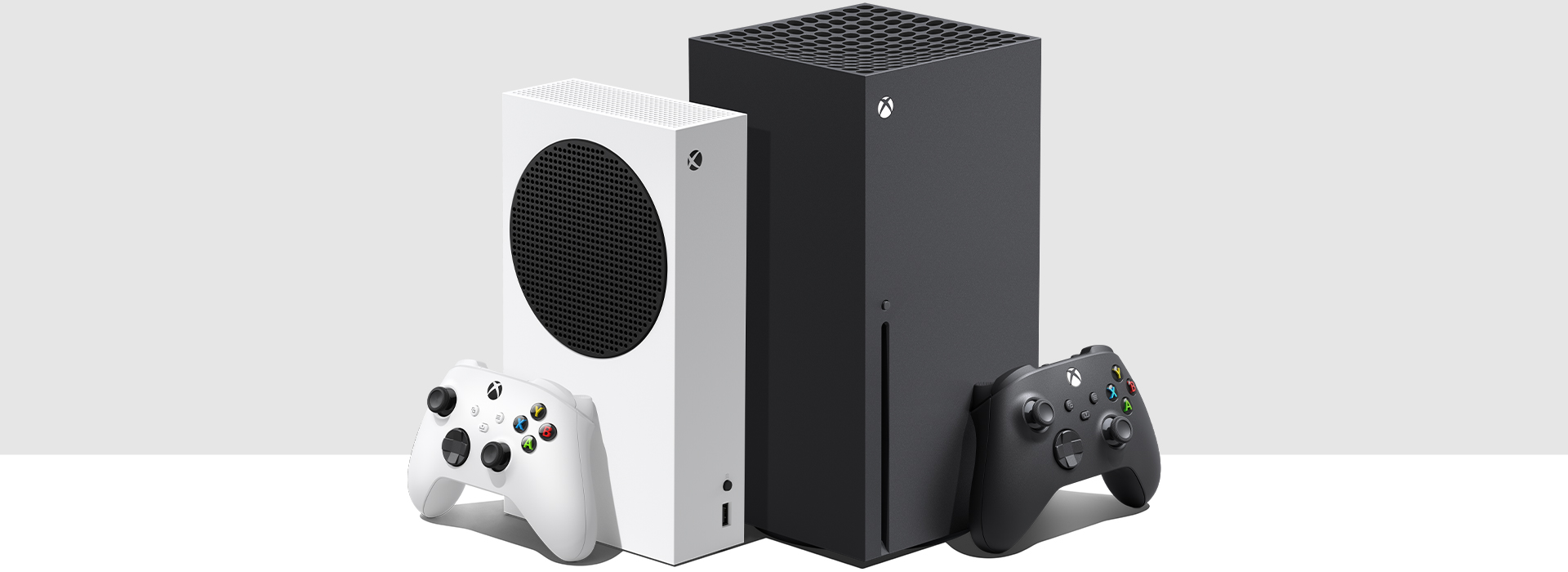 Consoles Xbox Series S e Xbox Series X lado a lado.