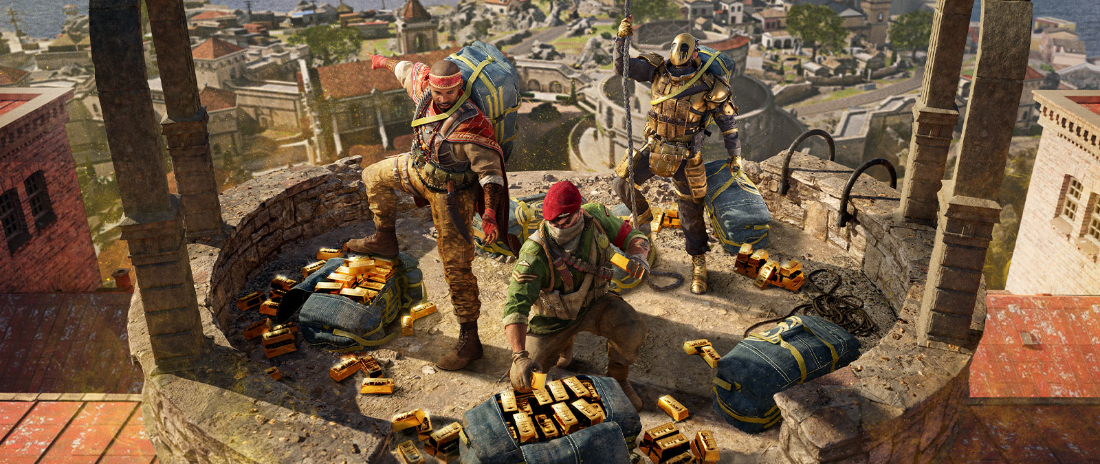 Three men prepare to evacuate with duffel bags full of gold bars.