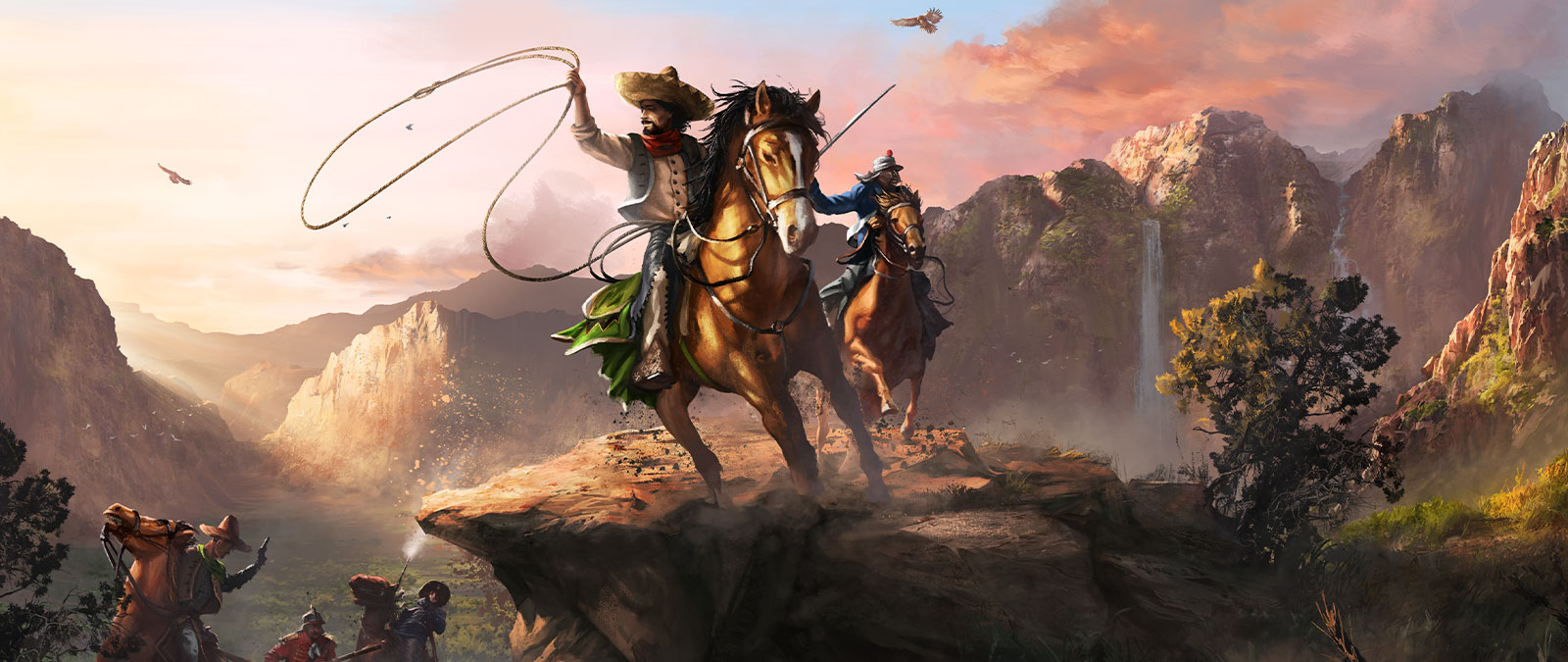 Duas personagens sentadas nos seus cavalos num grande vale a carregar um laço e uma espada.