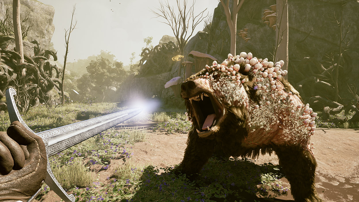 De hoofdpersoon houdt de punt van zijn zwaard gericht op een beer vol paddenstoelen.