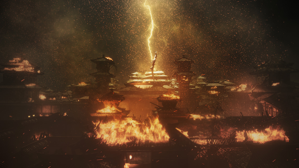 Um raio atinge uma cidade com um castelo em chamas.