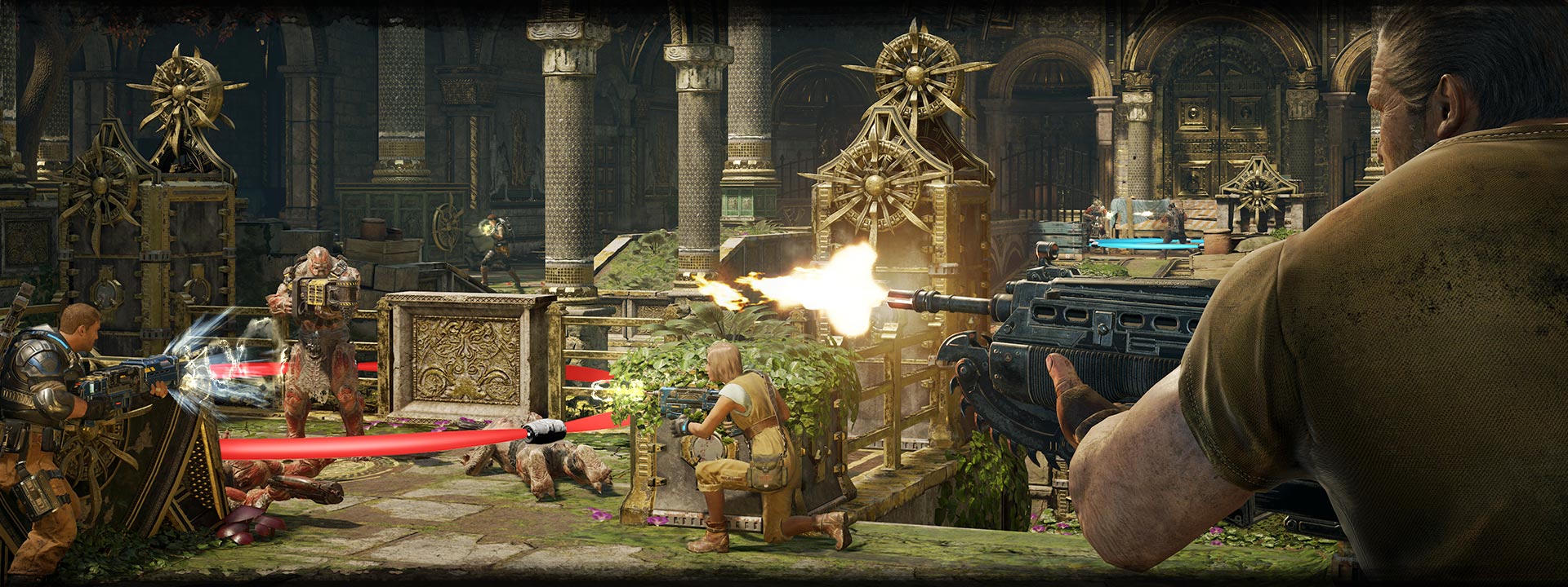 Several characters in battle scene in relic setting