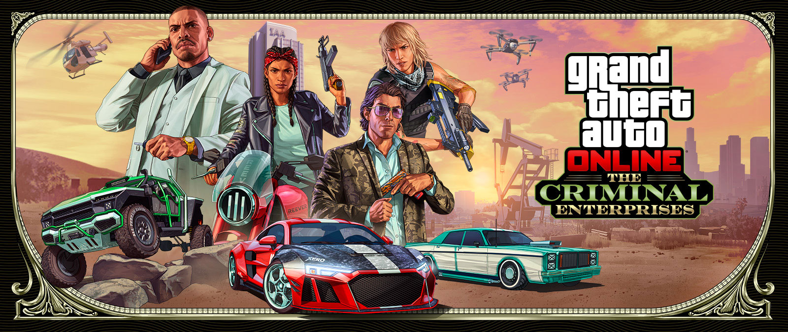Grand Theft Auto Online: The Criminal Enterprises, 앞에서는 세련된 차 세 대가 달리고, 그 위로는 캐릭터 네 명이 포즈를 취하고 있습니다.