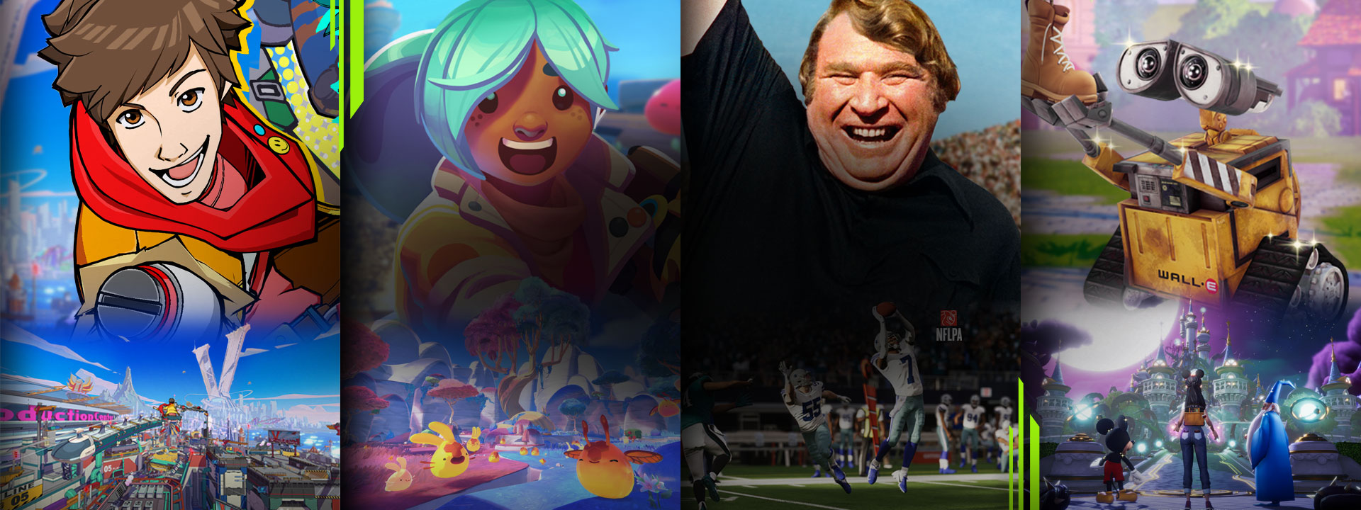 Uma seleção de jogos disponíveis com o Xbox Game Pass, incluindo o Hi-Fi RUSH, o Slime Rancher 2, o Madden NFL 23 e o Disney Dreamlight Valley.