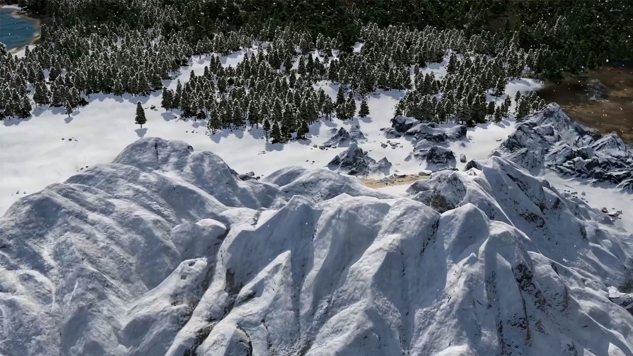 Vistas aéreas de uma selva, montanhas com neve, uma savana e uma bacia hidrográfica.