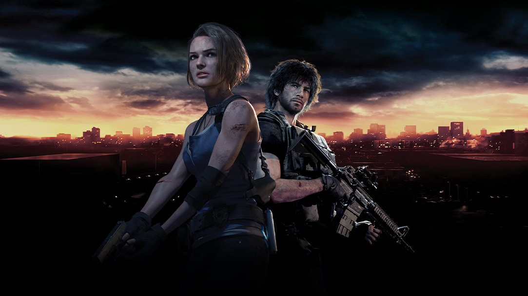 Jill Valentine and Carlos Oliveira stand with the skyline of Raccoon City behind them