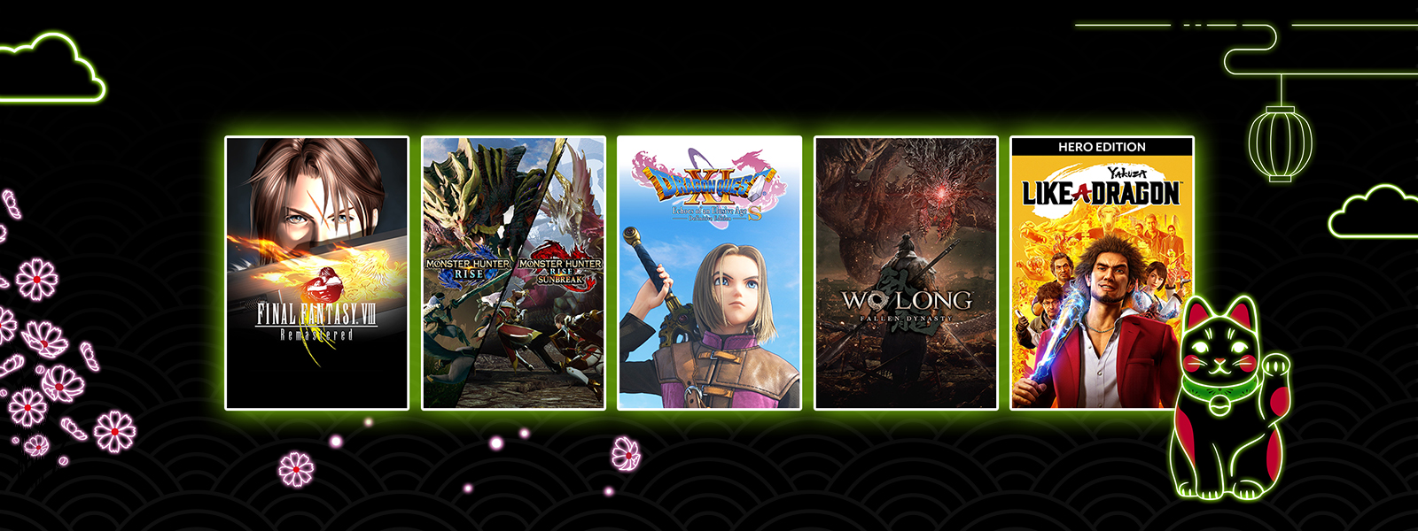 Box art from games that are part of the Tokyo Game Show Sale, including DRAGON QUEST® XI S: Echoes of an Elusive Age™ - Definitive Edition, Monster Hunter Rise + Sunbreak, and Wo Long: Fallen Dynasty.