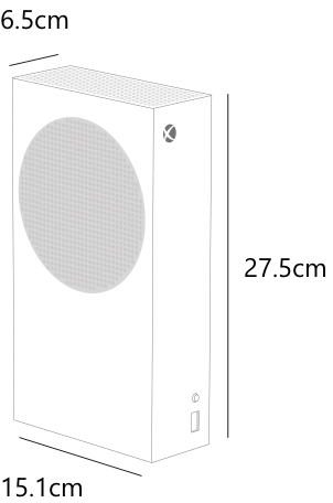 Een diagram van de Xbox Series S met de afmetingen van de Xbox Series S: de hoogte is 27,5 centimeter, de breedte is 15,1 centimeter en de diepte is 6,5 centimeter