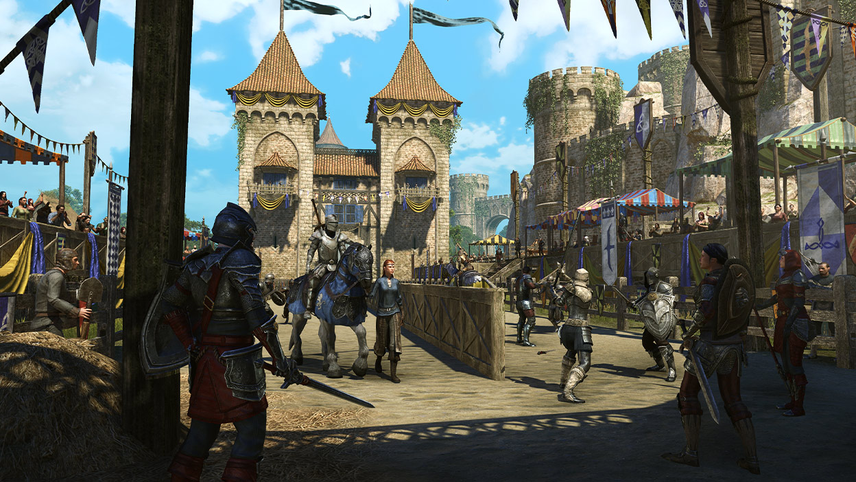 Les chevaliers réunis à un festival de château se préparent pour les événements à venir.