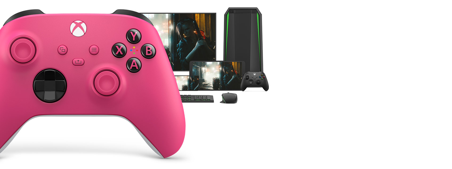 Xbox Wireless Controller – Deep Pink with a computer, TV, and a mobile device.