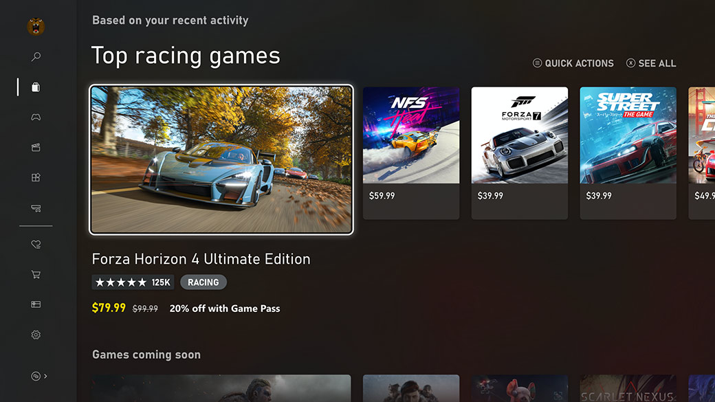 Yeni Microsoft Store. Bu ekran Forza Horizon 4 gibi Başlıca yarış oyunlarını gösterir.