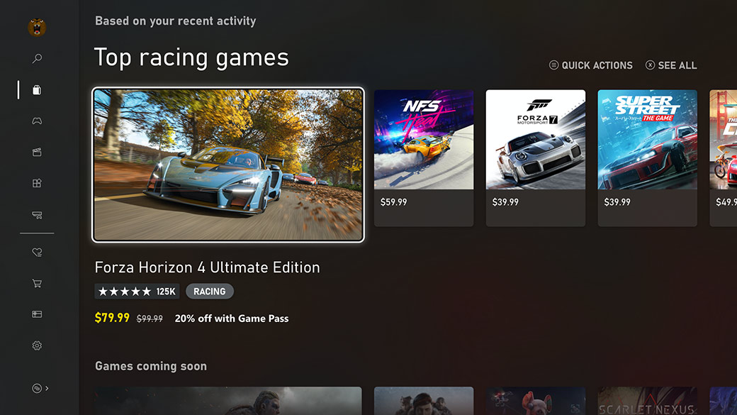 全新的 Microsoft Store。這個畫面顯示「熱門競速遊戲」，例如 Forza Horizon 4。