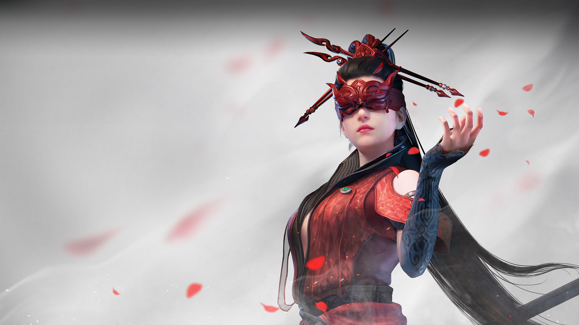 A swordswoman poses against a white textured background.