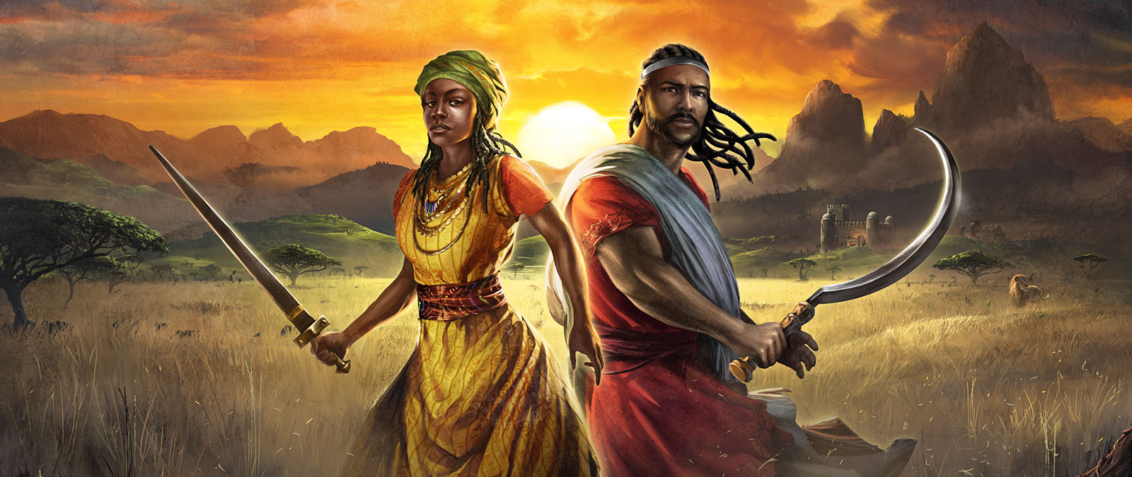 Dvě postavy stojí v poli a drží zbraně při západu slunce
