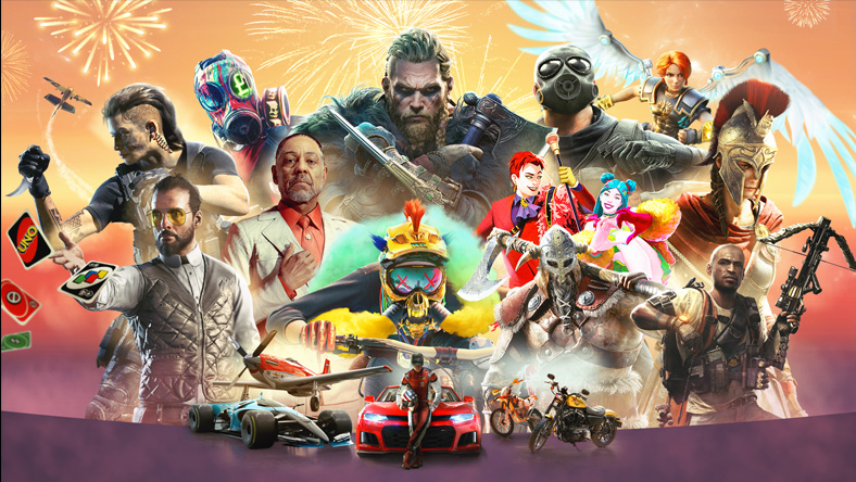 Characters from games that are part of the Ubisoft Publisher Sale, including Far Cry 6, Assassin's Creed® Valhalla Ragnarök Edition, and Tom Clancy's Ghost Recon® Breakpoint Gold Edition.